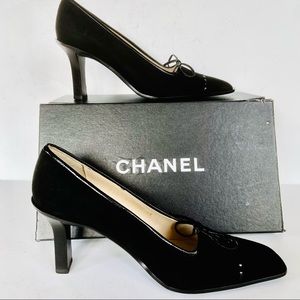 CHANEL black suede square toe heels  pumps 38